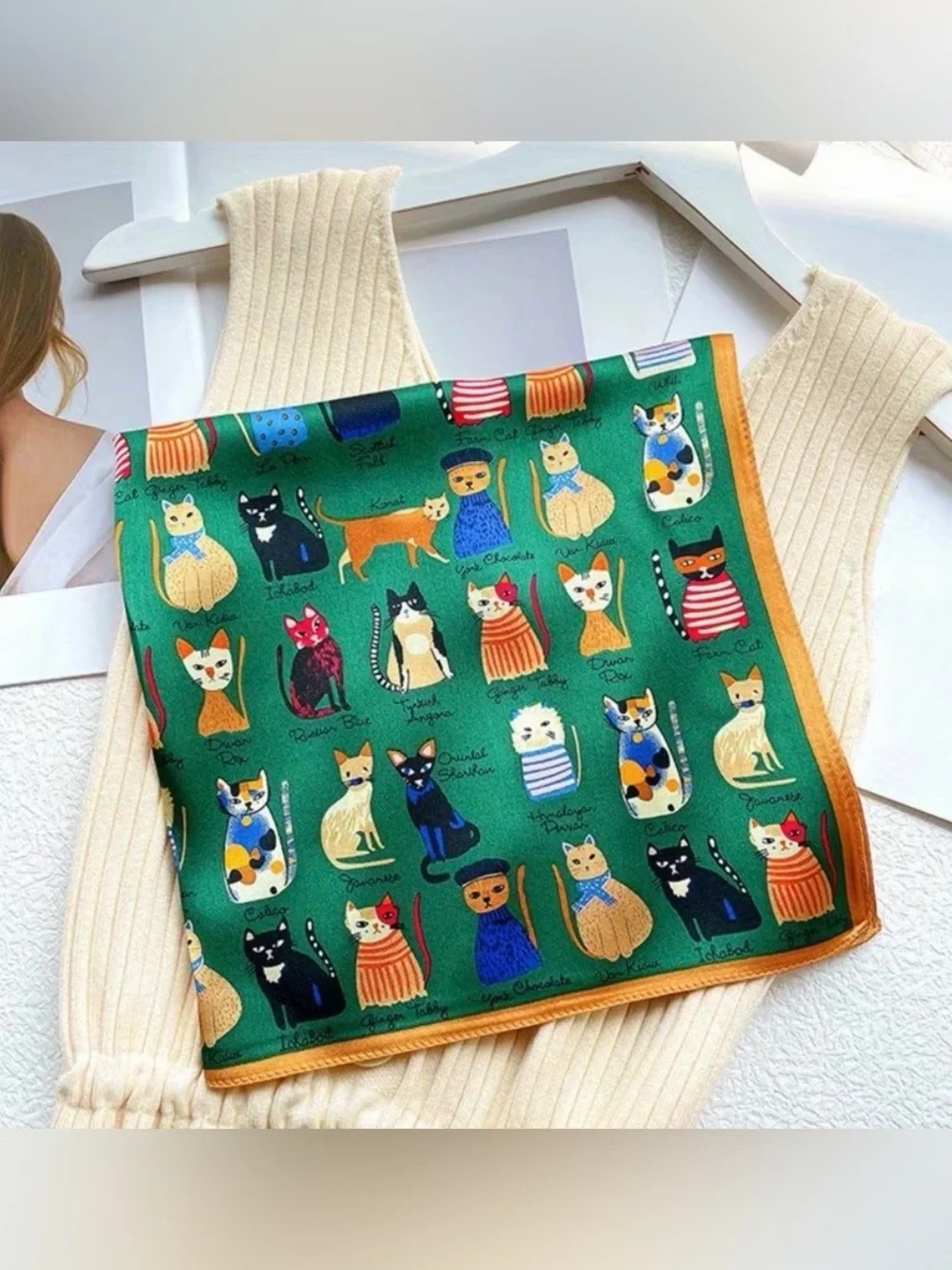 Green Cat Print Silk Scarf - Picture 5 of 5